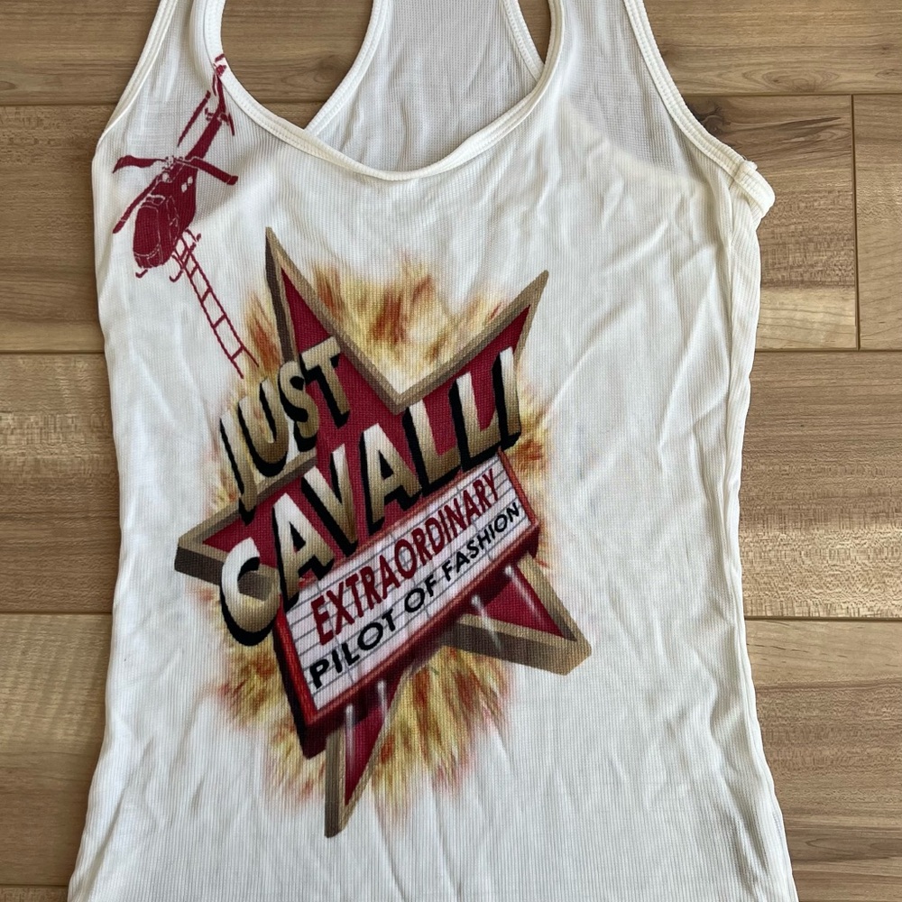 Just Cavalli Fitted White Red Graphic Tank Top